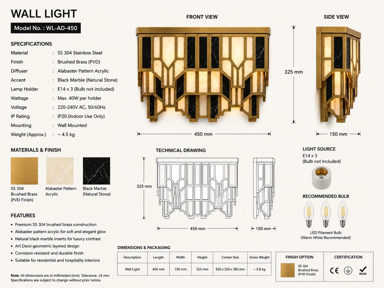 Art Deco Brass Wall Sconce – Alabaster & Natural Black Marble, 3-Light for Living Room & Bedroom 5 Dimension drawing of Art Deco brass wall light, 450 mm wide, 325 mm high, 150 mm projection