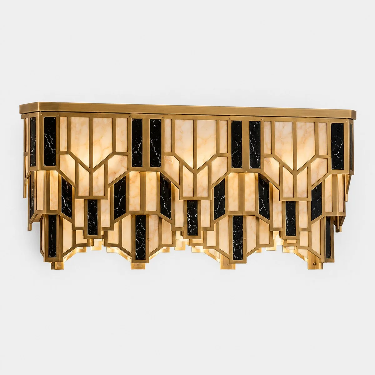 Art Deco Brass Wall Sconce – Alabaster & Natural Black Marble, 3-Light for Living Room & Bedroom 3 Art Deco brass wall light with alabaster-pattern acrylic and black marble panels, front view