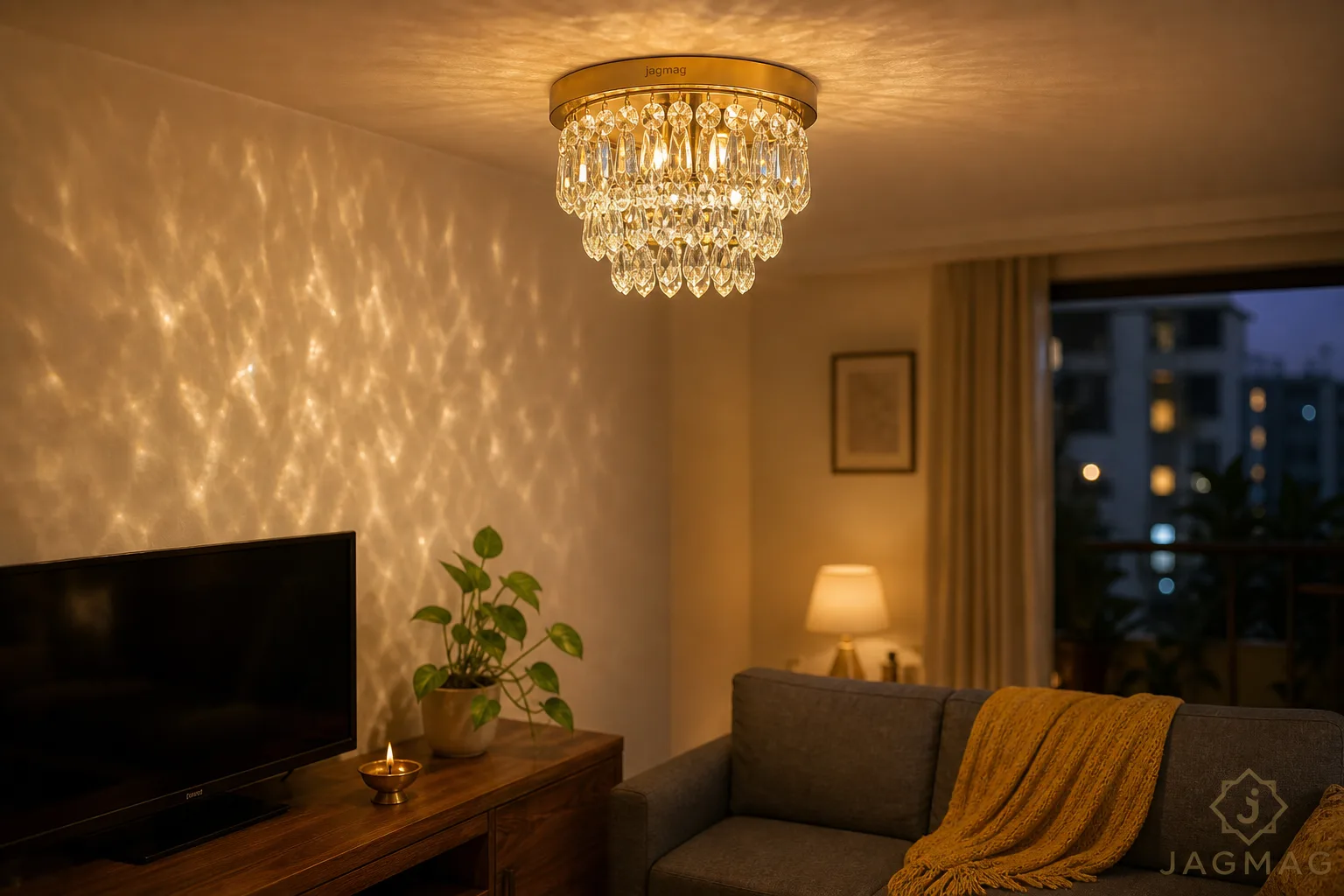 matching wall lights and crystal chandelier in an Indian living room