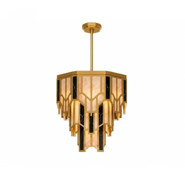 Round brass and alabaster chandelier on a white background