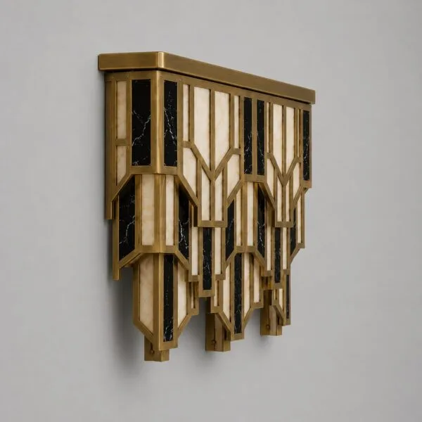 Side view of the art deco brass wall sconce showing the 15 cm projection and stepped alabaster and marble tiers
