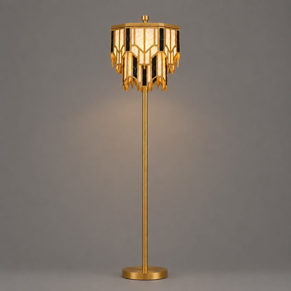 2 Brass floor lamp with alabaster and black marble-effect acrylic shade, front view