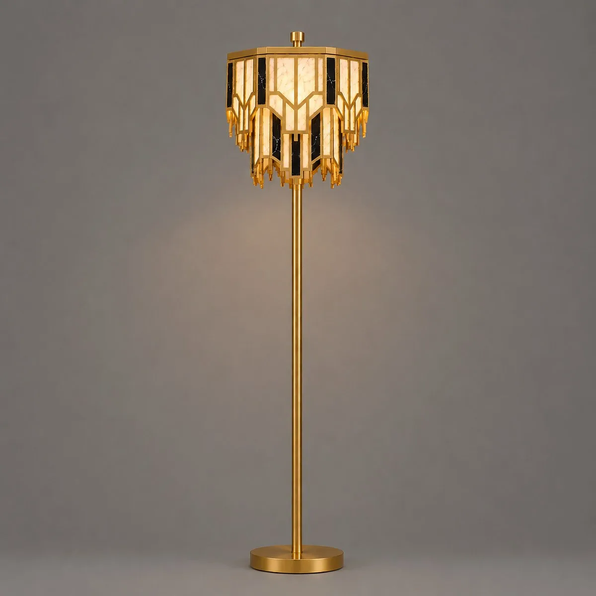 Art Deco Brass Floor Lamp – 165 cm Alabaster & Black Marble Shade | Jagmag Lights 2 Brass floor lamp with alabaster and black marble-effect acrylic shade, front view