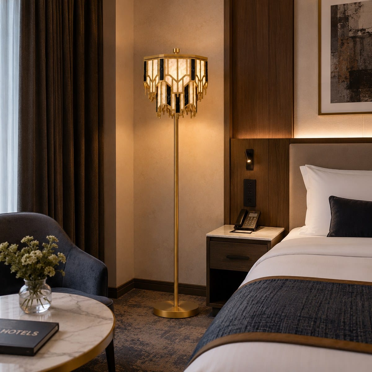 4 Brass alabaster floor lamp lit beside a bed in a bedroom