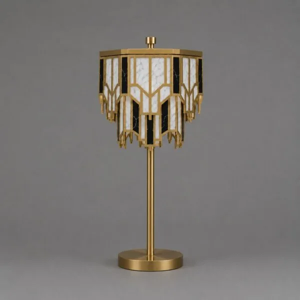 Brass table lamp with alabaster and black marble shade, front view