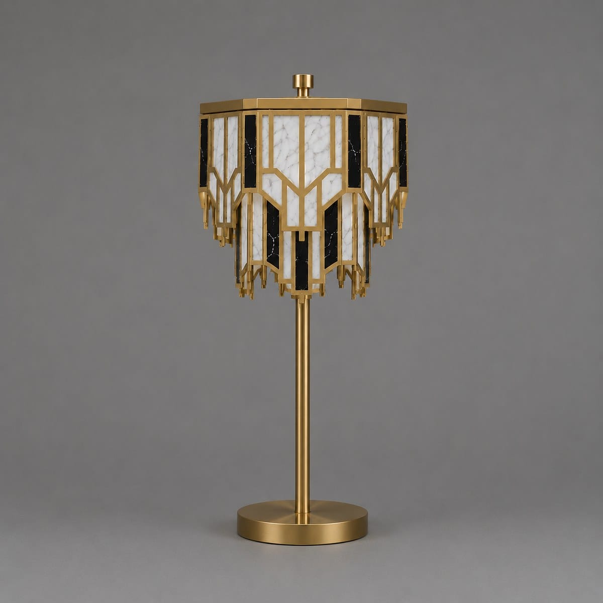 Art Deco Brass Table Lamp – Alabaster & Black Marble-Effect Tiered Shade, for Living Room & Bedside 2 Brass table lamp with alabaster and black marble-effect acrylic shade, front view