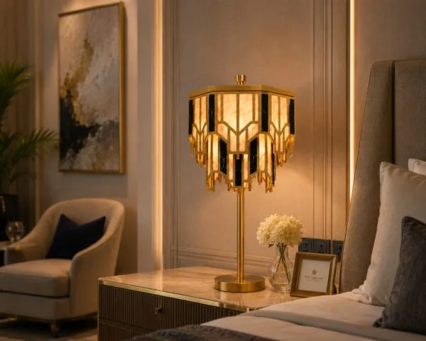 Brass alabaster table lamp lit on a bedside dresser in a bedroom