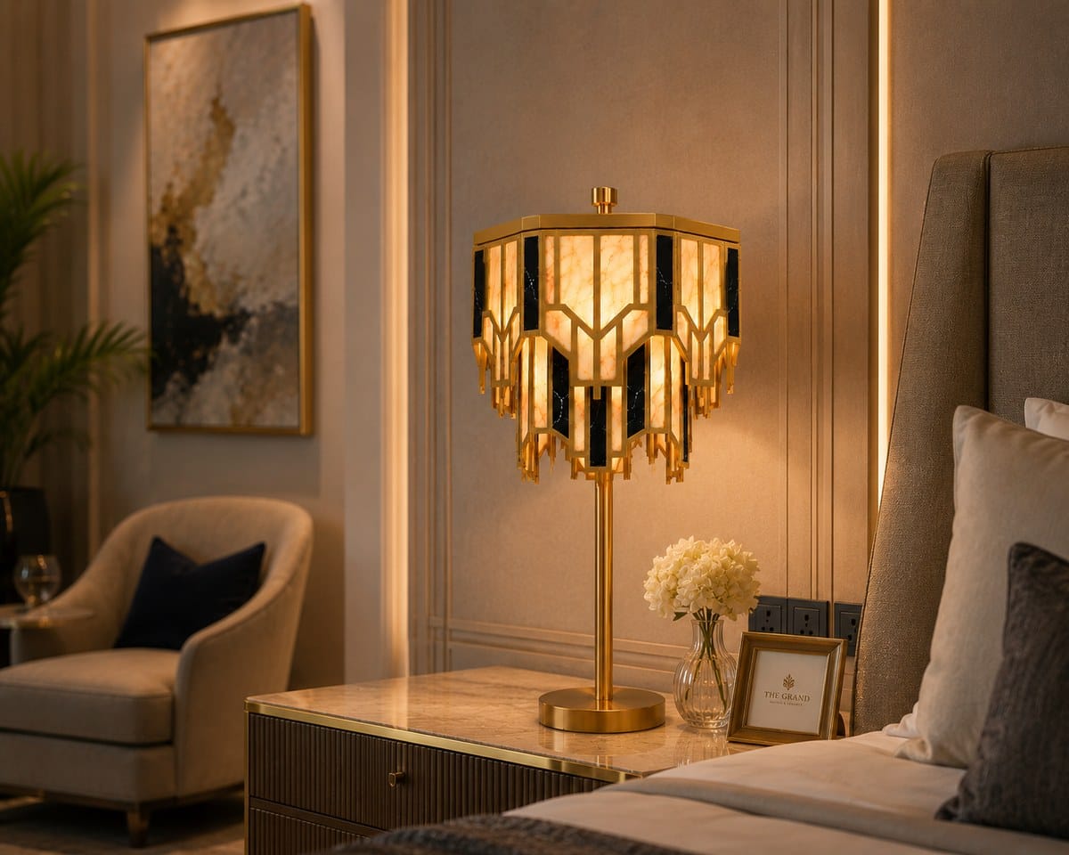 Art Deco Brass Table Lamp – Alabaster & Black Marble-Effect Tiered Shade, for Living Room & Bedside 4 Brass alabaster table lamp lit on a bedside dresser in a bedroom
