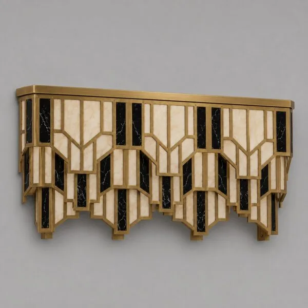 Art deco brass wall sconce unlit, cream alabaster and black marble panels in a brushed brass stainless steel frame
