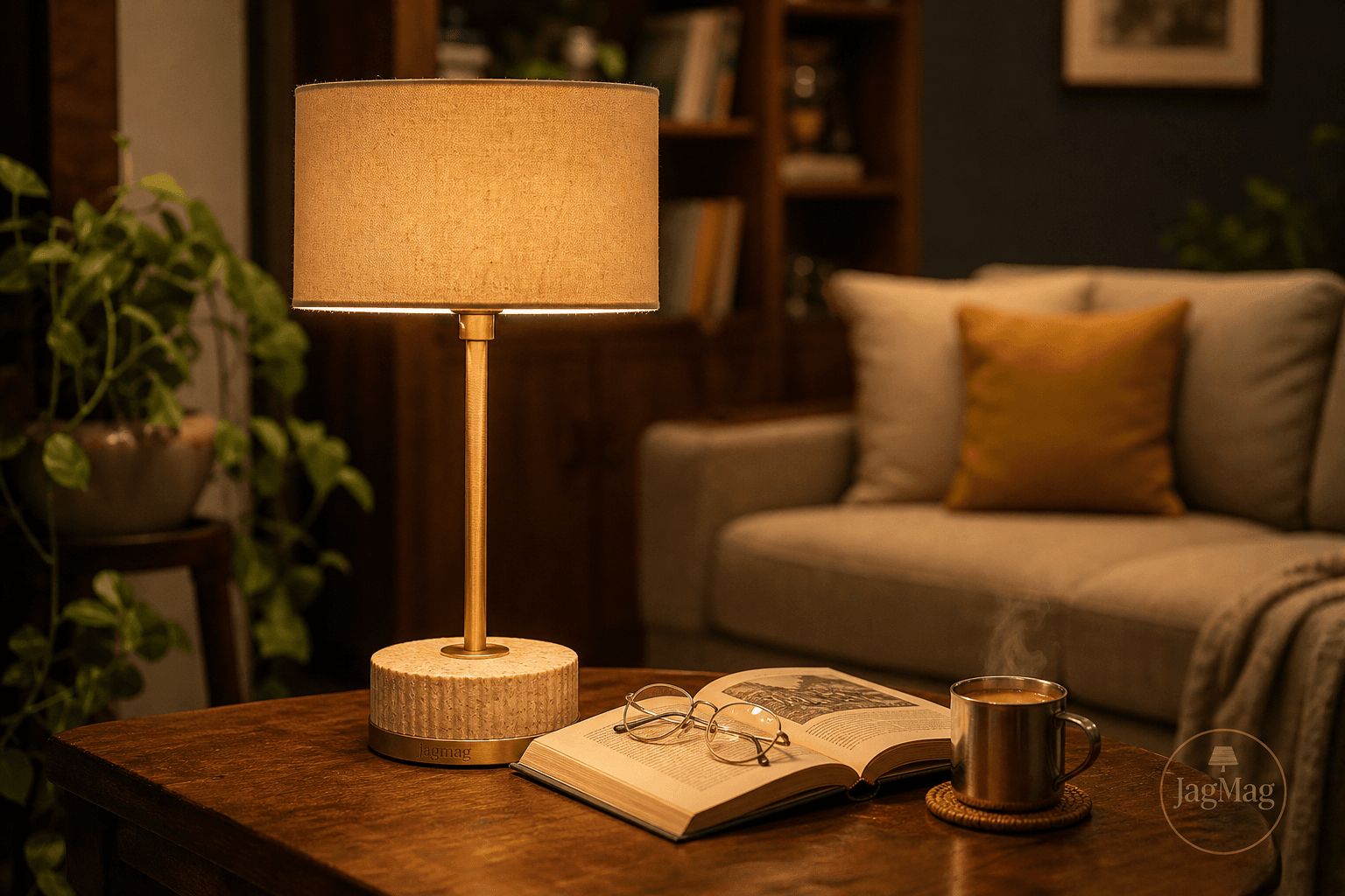 table lamp buying guide — a brass and linen table lamp glowing warm over a book on a living room side table