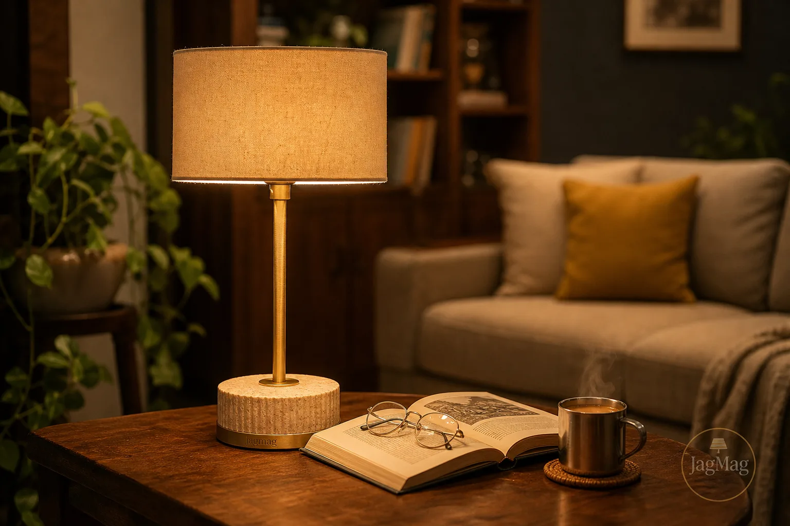 table lamp buying guide — a brass and linen table lamp glowing warm over a book on a living room side table