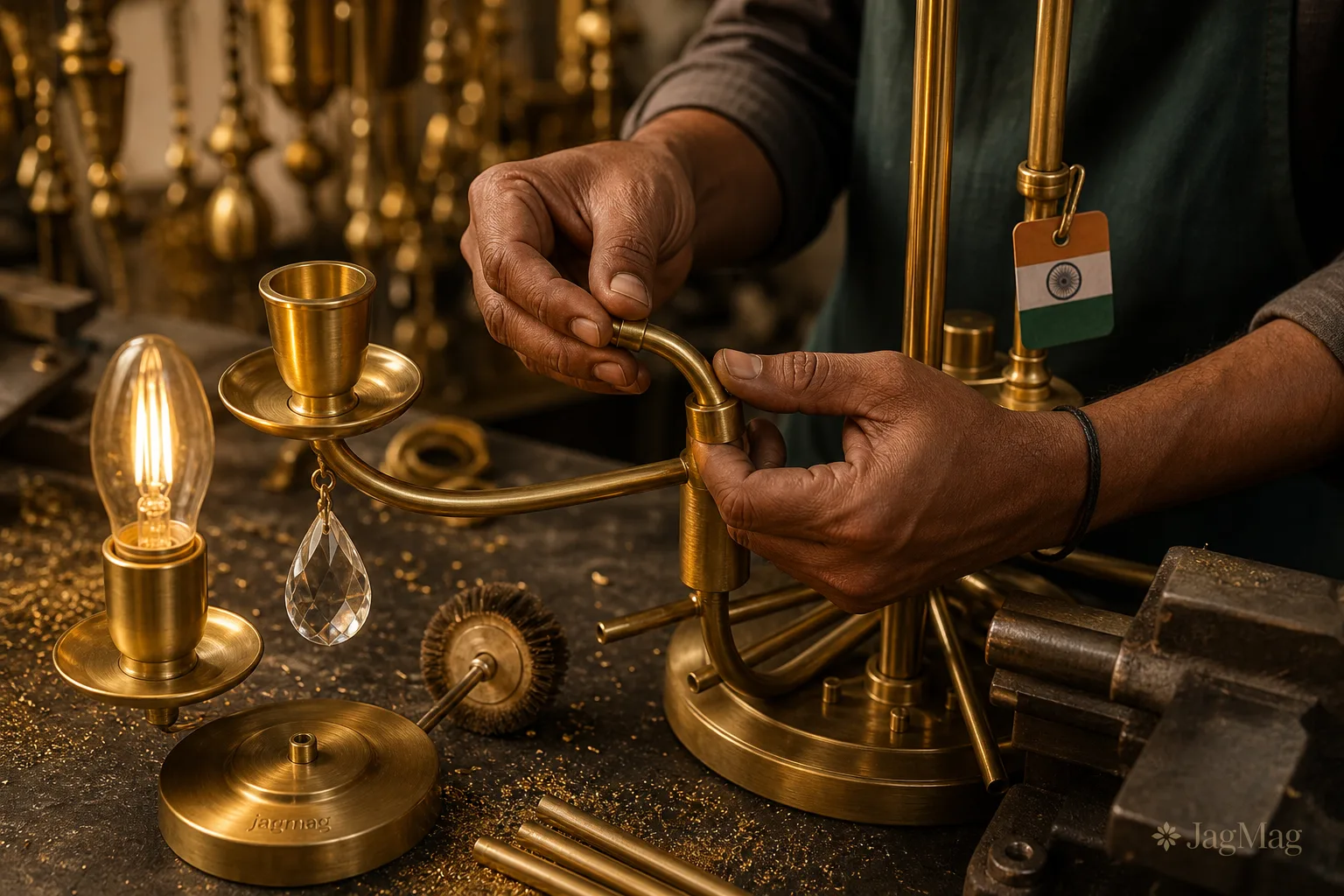 Indian artisan hand-assembling a brass chandelier arm in a JagMag workshop, showing how Make-in-India lighting stays insulated from copper tariffs