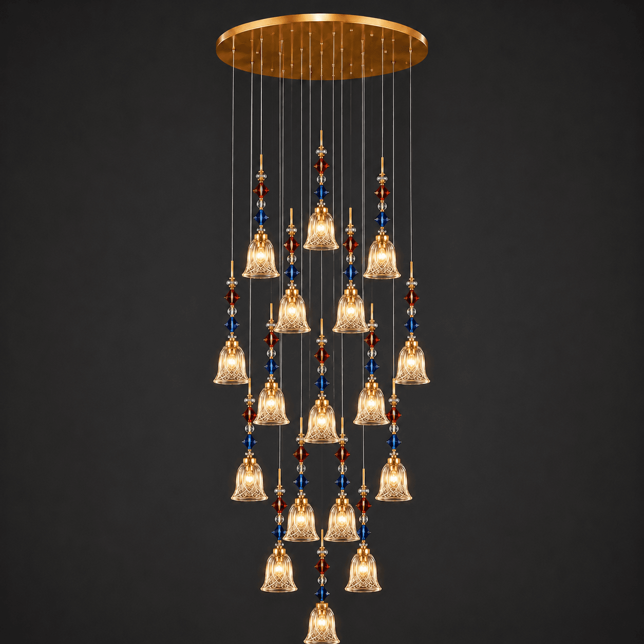 Crystal Foyer Chandelier – 18-Light Bell Cascade | Jagmag Lights 2 Crystal foyer chandelier 18-bell cascade unlit on dark background — satin gold canopy with coloured crystal bead suspension – Jagmag Lights
