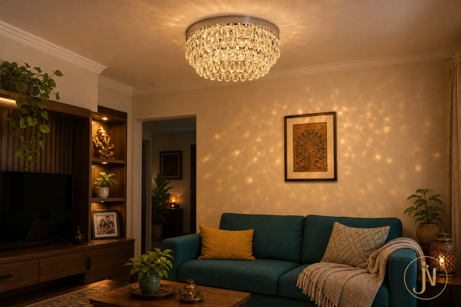Crystal chandelier under 5000 glowing warmly in an Indian living room