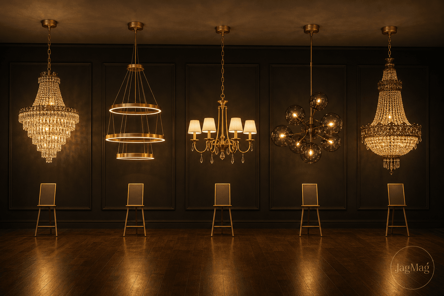 Five chandelier styles hanging in a row for comparison - crystal, LED ring, fabric, glass globe and jhumar