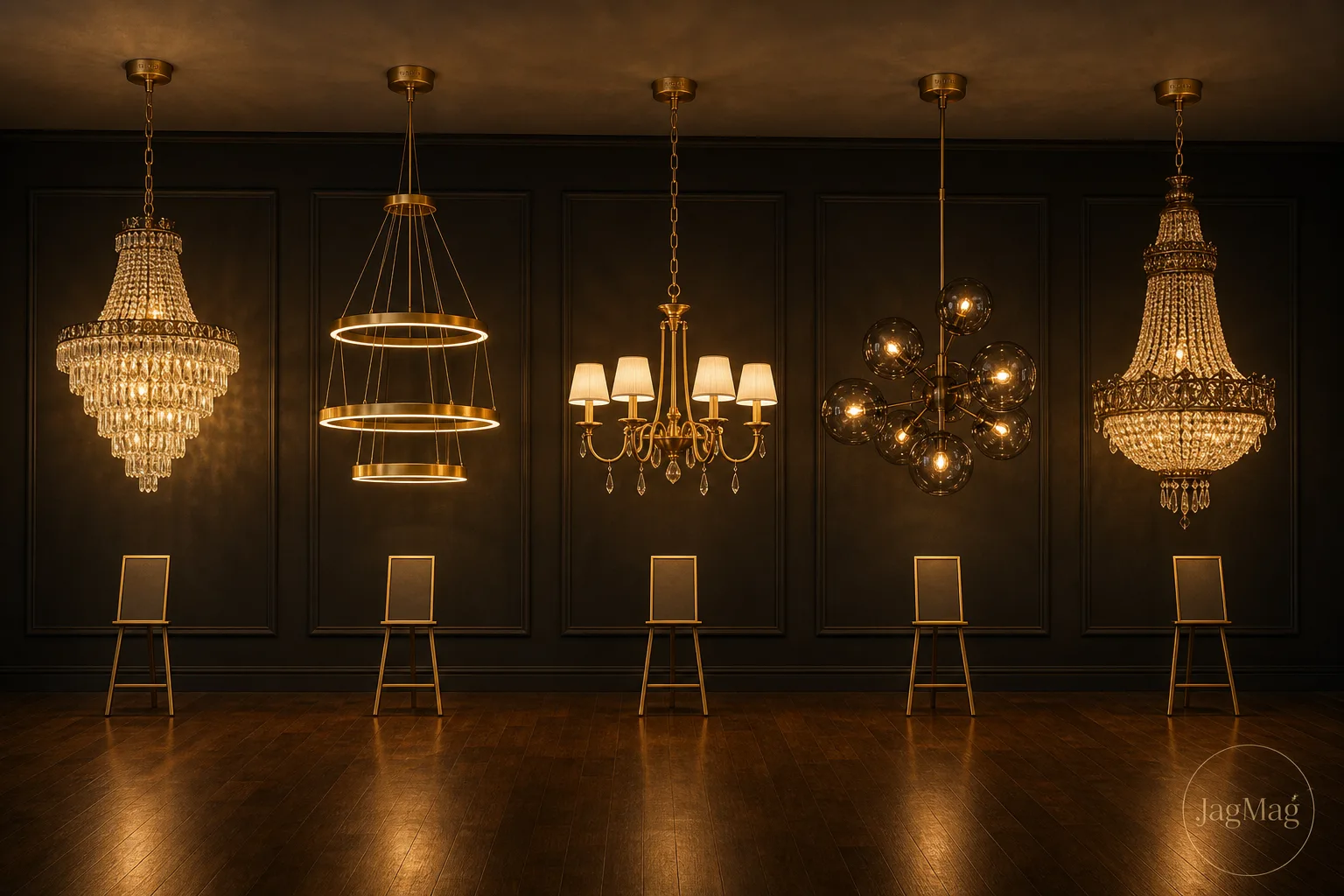Five chandelier styles hanging in a row for comparison - crystal, LED ring, fabric, glass globe and jhumar