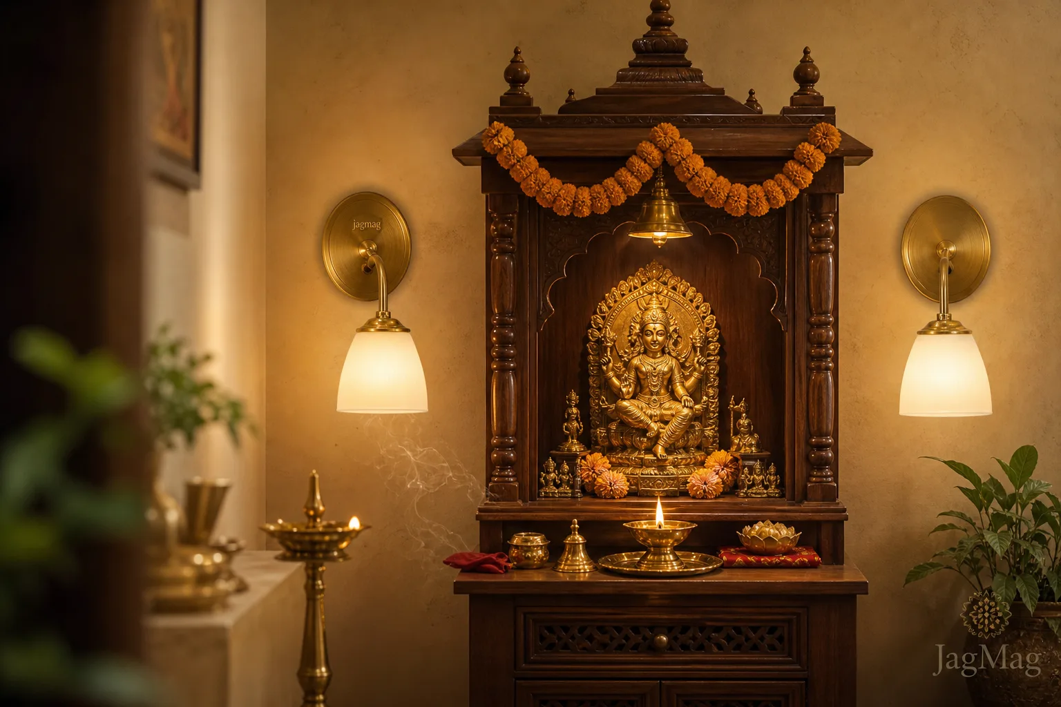 Pooja room lighting with warm brass wall lights flanking a home mandir