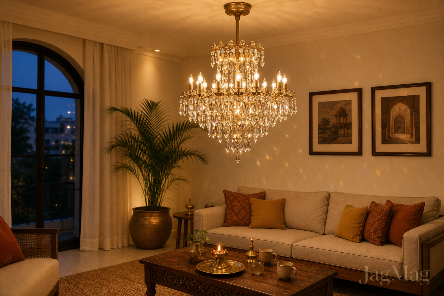 Crystal jhumar glowing over a warm Indian living room at dusk