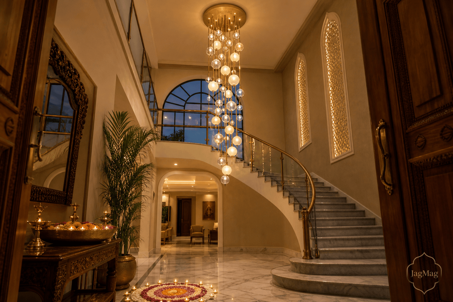 Foyer chandelier — a warm glass-sphere cascade glowing in a double-height Indian entrance foyer at dusk