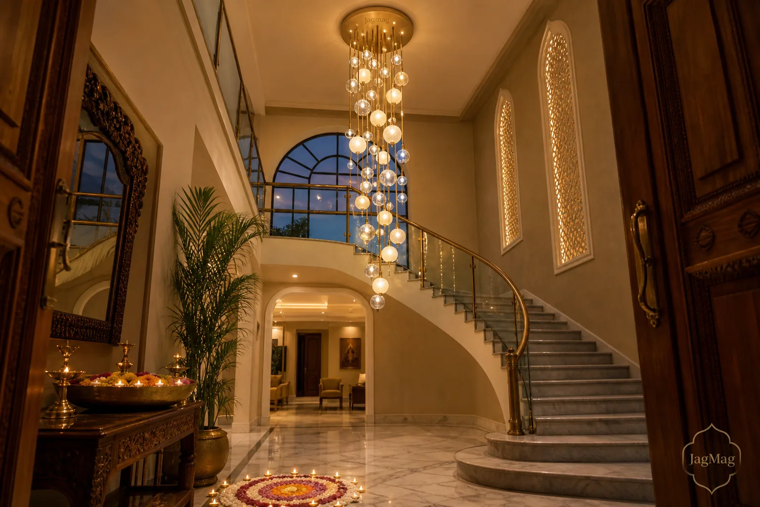 Foyer chandelier — a warm glass-sphere cascade glowing in a double-height Indian entrance foyer at dusk