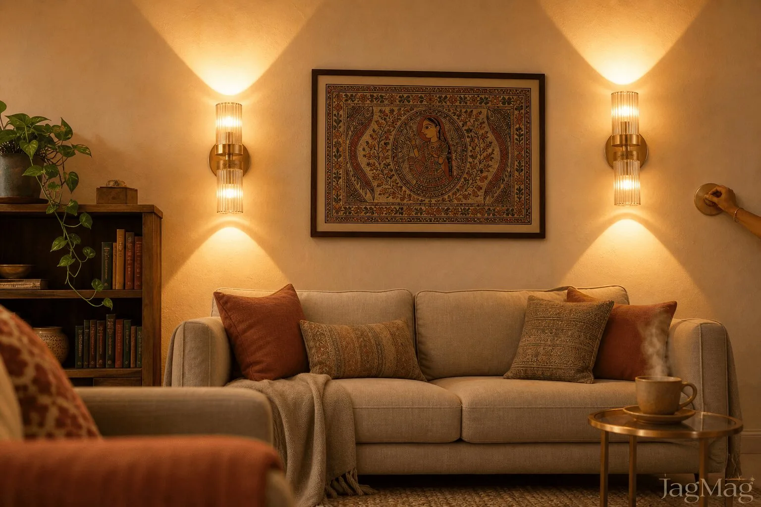 Wall lighting ideas for living room: two fluted glass wall lights glowing beside a Madhubani painting over a sofa
