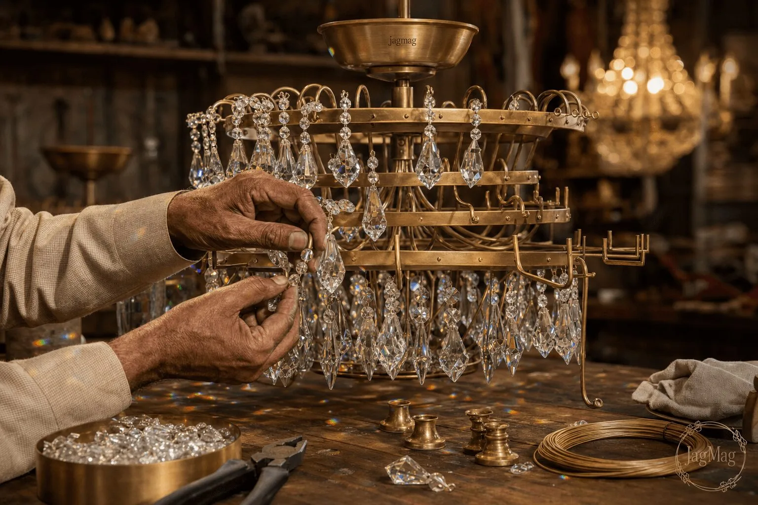 Jhumar Lights: 7 Styles, Prices and How to Choose (2026) 1 Jhumar lights being made: hands string crystal drops onto a tiered jhumar frame on a workshop bench