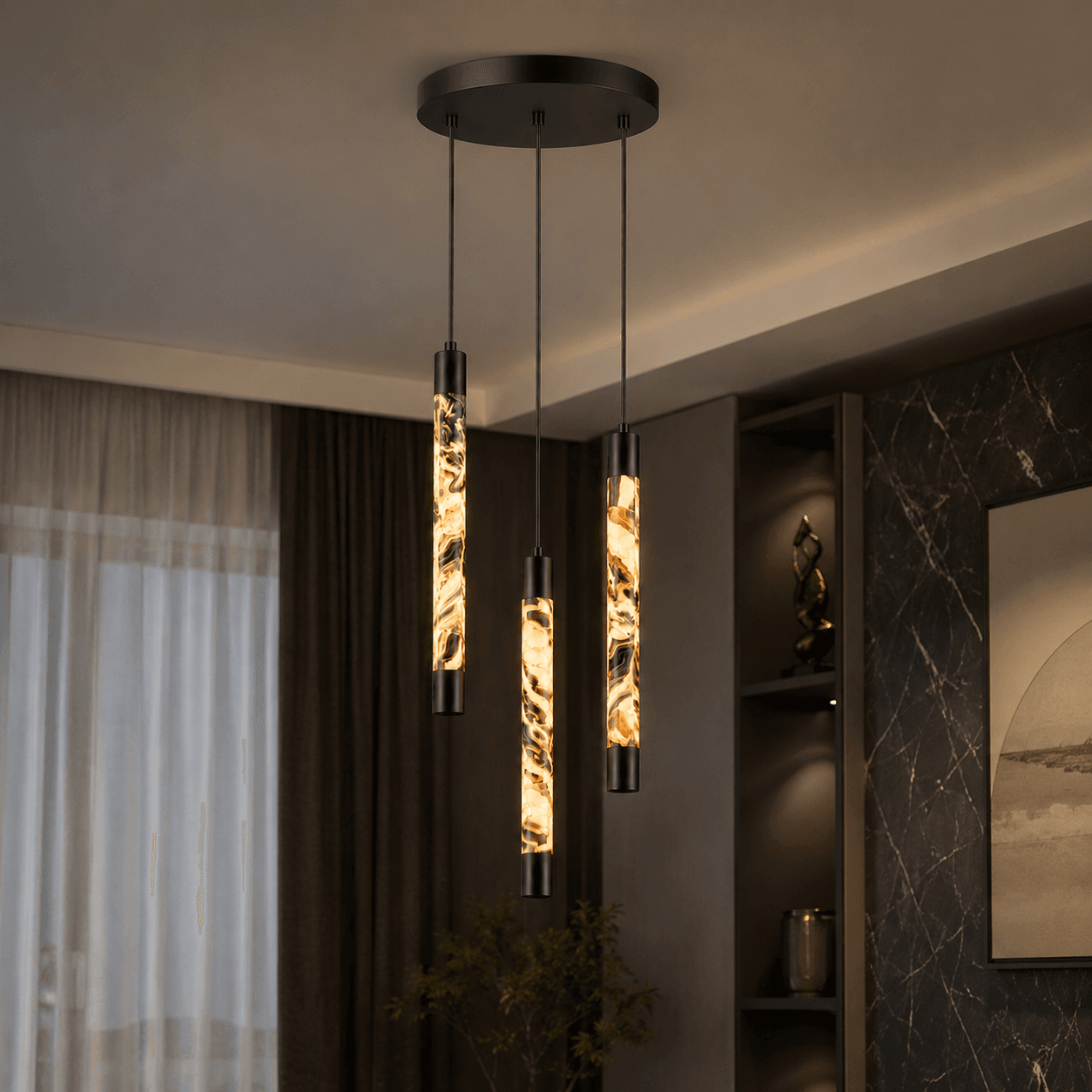 Alabaster twist pendant 3-light cluster lit in living room – Jagmag Lights