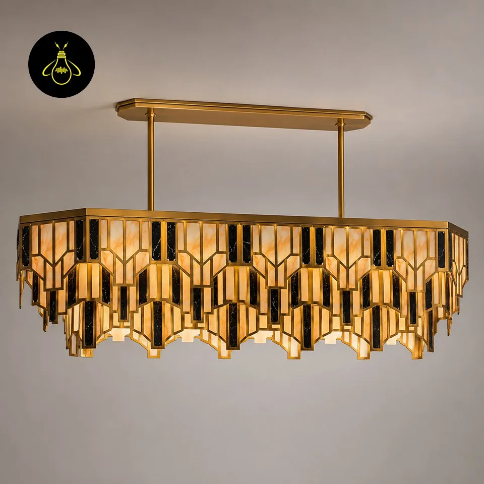 Linear dining chandelier with brass frame and alabaster-effect panels glowing over a table