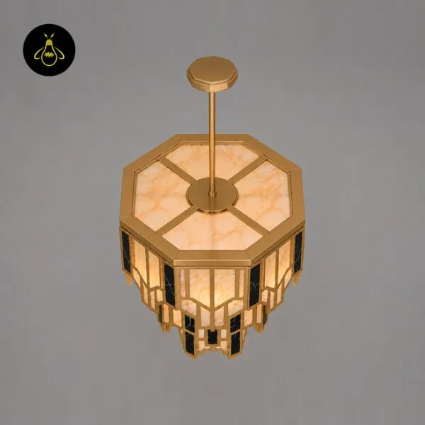 Octagonal brass chandelier with alabaster acrylic panels, upper view