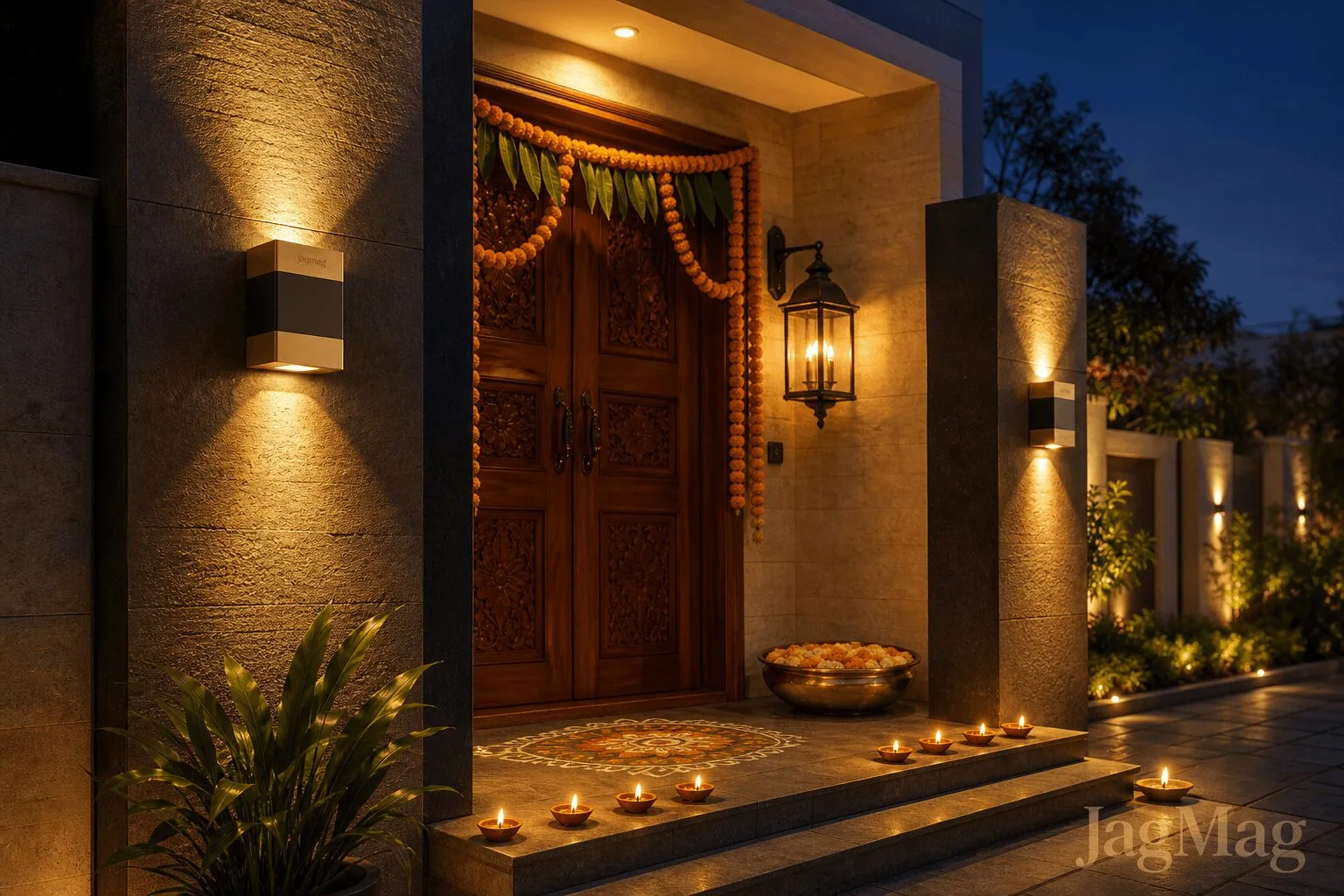 Outdoor Diwali lighting ideas: warm outdoor wall lights at an Indian home entrance with diyas, rangoli and a marigold toran