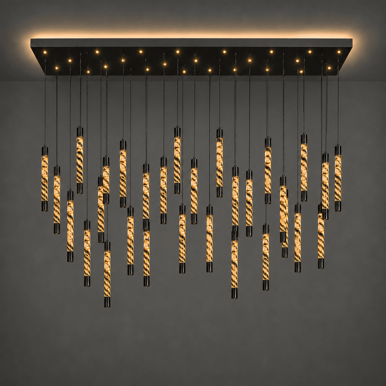 Rectangular alabaster chandelier with 32 cascading lit tubes and black canopy – Jagmag Lights