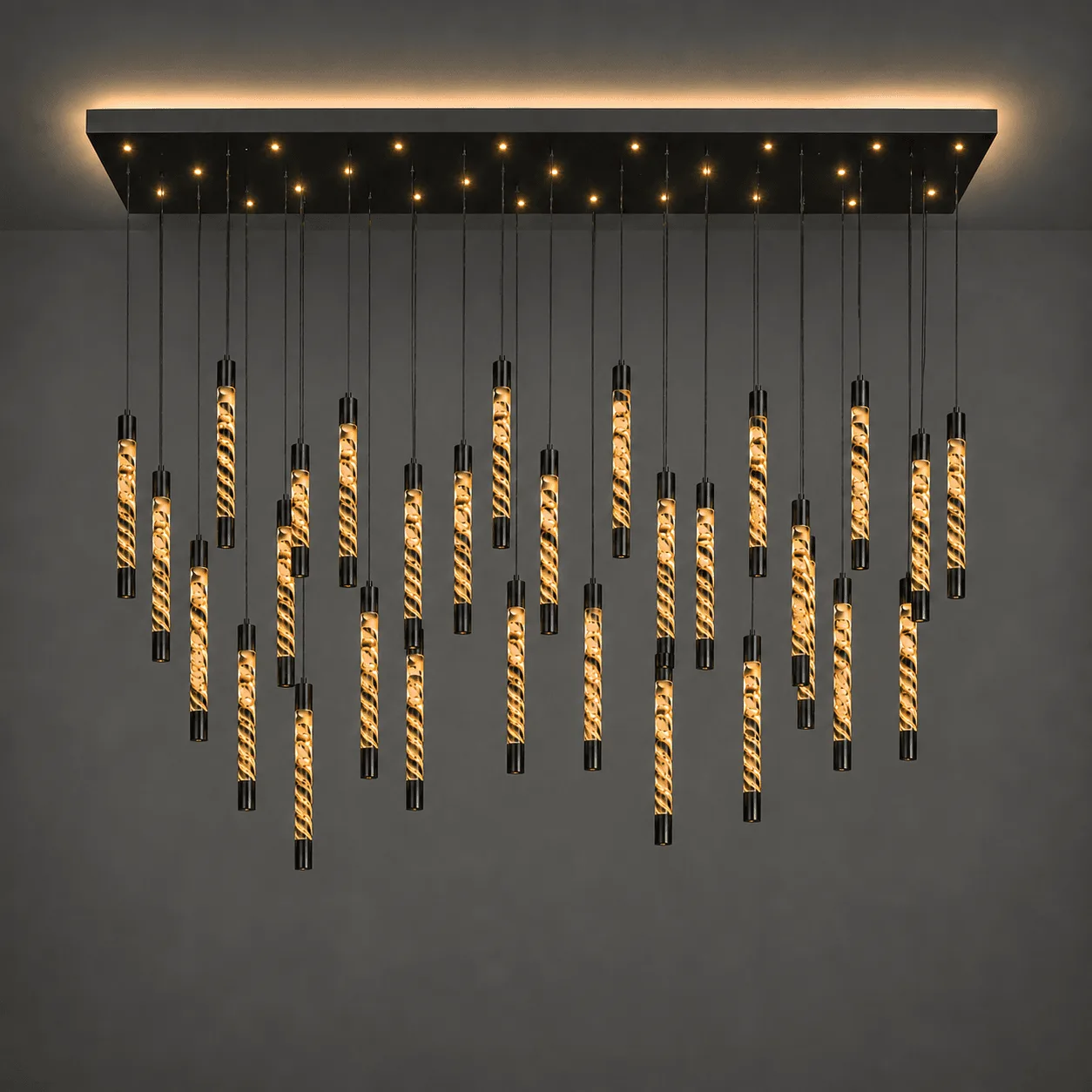 Rectangular alabaster chandelier with 32 cascading lit tubes and black canopy – Jagmag Lights