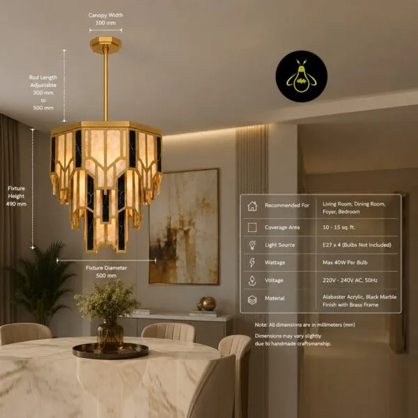 Round Art Deco brass chandelier in a foyer with a round table