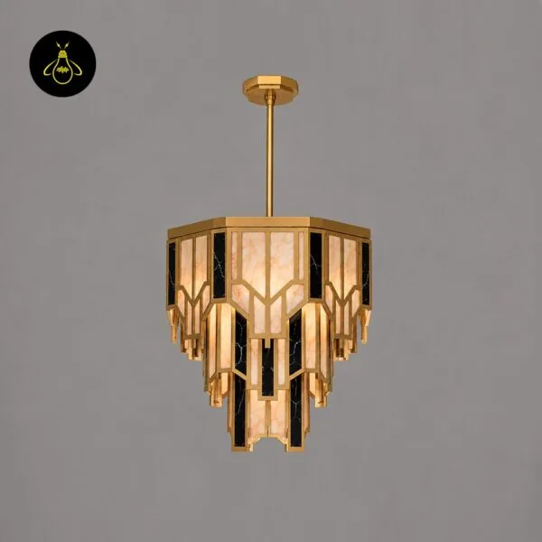 50 cm round brass chandelier with alabaster panels, front view