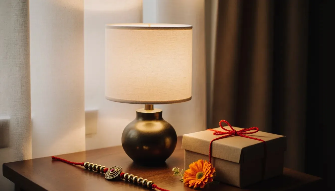 Lighting gifts for Raksha Bandhan: a warm linen-shade table lamp beside a rakhi, a gift box and a marigold