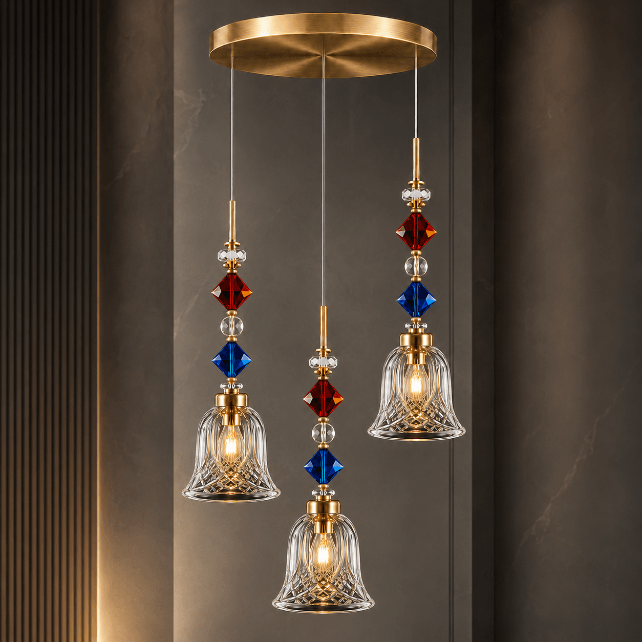 Crystal bell pendant light 3-light cluster with red and blue crystal beads on satin gold canopy — JagMag Lights JML-409