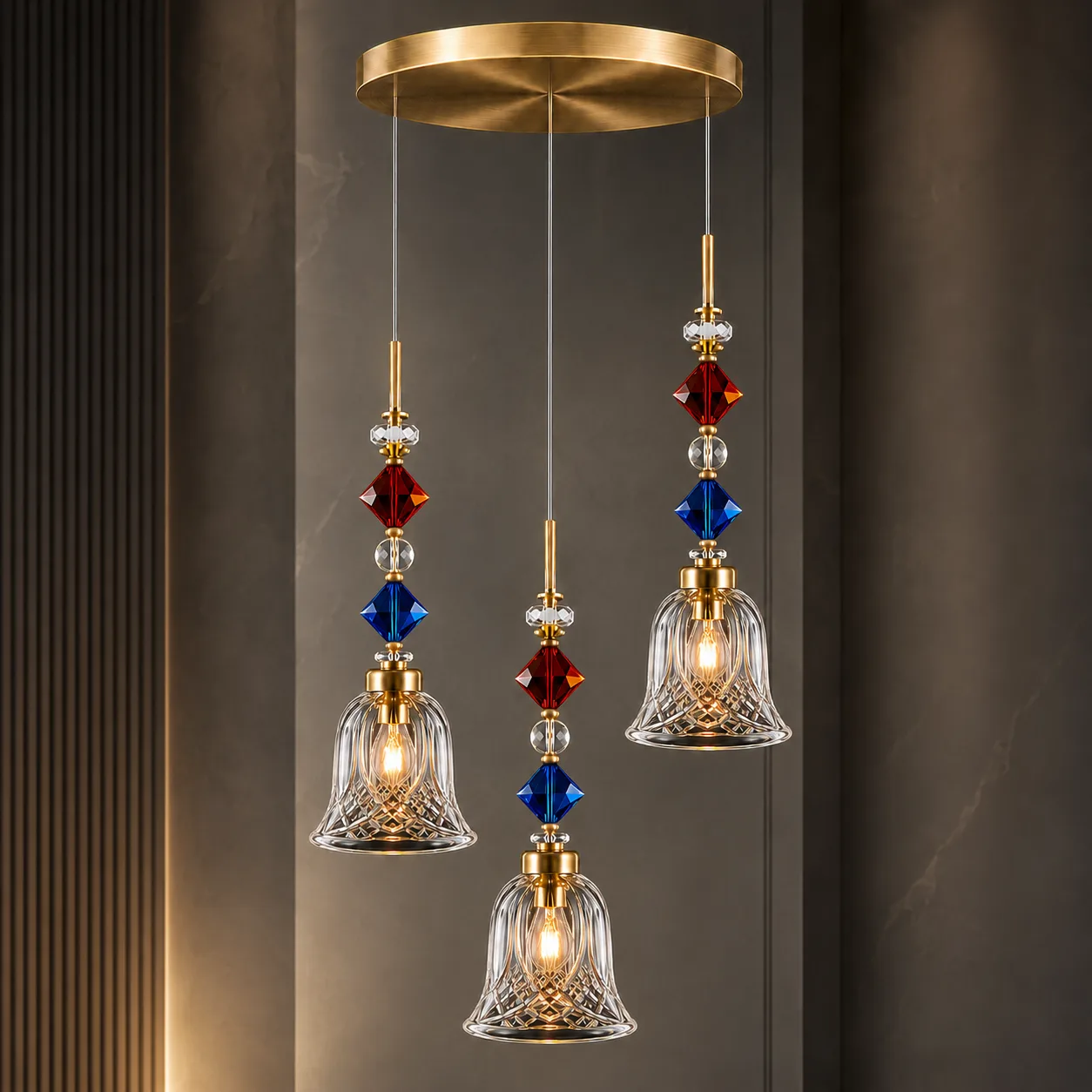 Crystal bell pendant light 3-light cluster with red and blue crystal beads on satin gold canopy — JagMag Lights JML-409