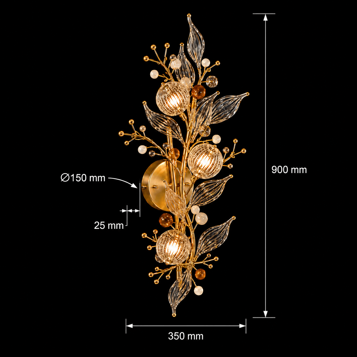 Crystal Botanical Wall Sconce — 3-Light Glass Globe & Leaf Bouquet 10 Crystal botanical wall sconce dimensions — 900 mm total height, 350 mm total width, Ø150 mm back plate, 25 mm wall projection