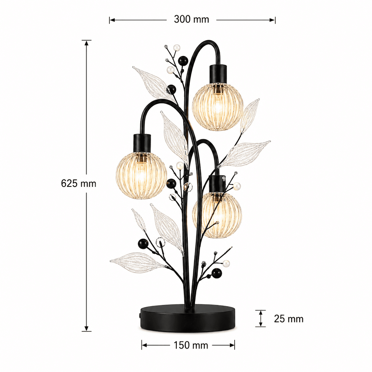 Crystal Berry Botanical Table Lamp — 3-Light Ribbed Glass Globe & Leaf Tree 10 Crystal berry botanical table lamp dimensions — 625 mm total height, 300 mm total width, Ø150 mm base diameter, 25 mm base height
