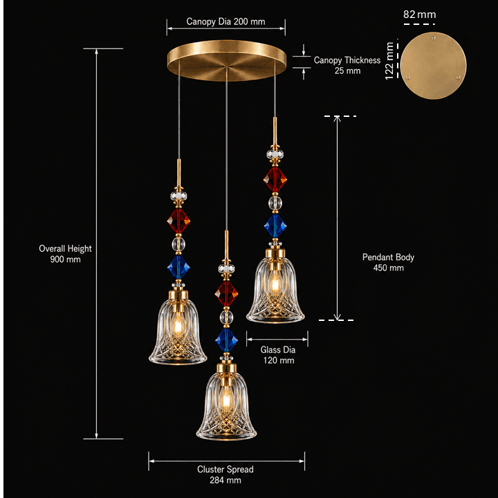 Crystal Bell Pendant Light – 3-Light Cluster with Coloured Crystal Beads | Jagmag Lights 10 Crystal bell pendant light dimensions — 900 mm height 284 mm cluster spread 200 mm canopy 120 mm glass shade