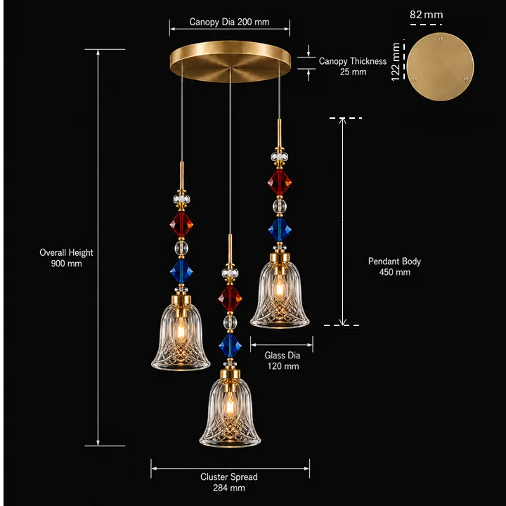 Crystal Bell Pendant Light – 3-Light Cluster with Coloured Crystal Beads | Jagmag Lights 10 Crystal bell pendant light dimensions — 900 mm height 284 mm cluster spread 200 mm canopy 120 mm glass shade