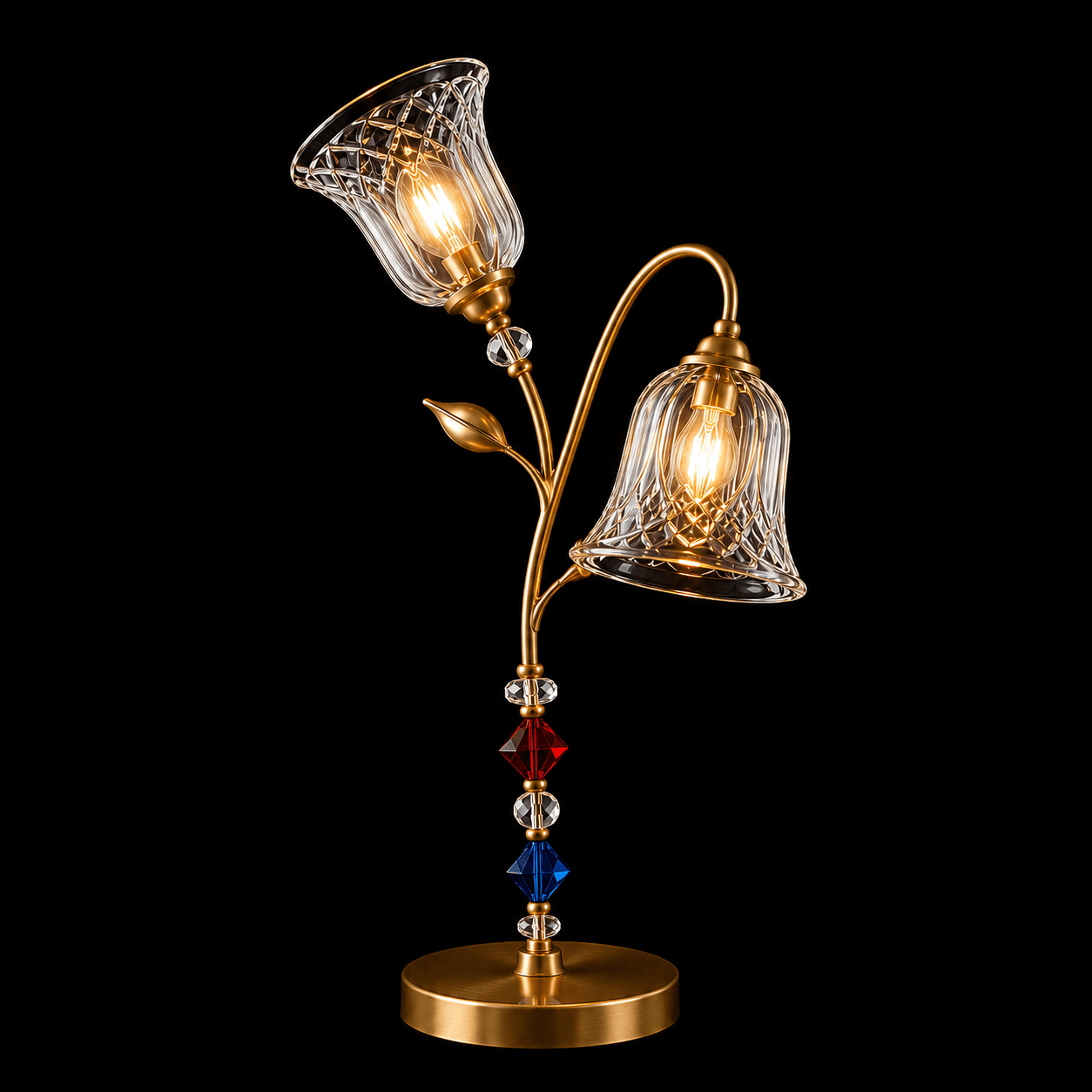 Double Glass Table Lamp – Twin Cut-Glass Bell Sconce with Crystal Bead Stem | Jagmag Lights 2 Double glass table lamp on black background — satin gold twin-arm floral stem, two diamond-lattice cut-glass bell shades, lit with E14 filament bulbs