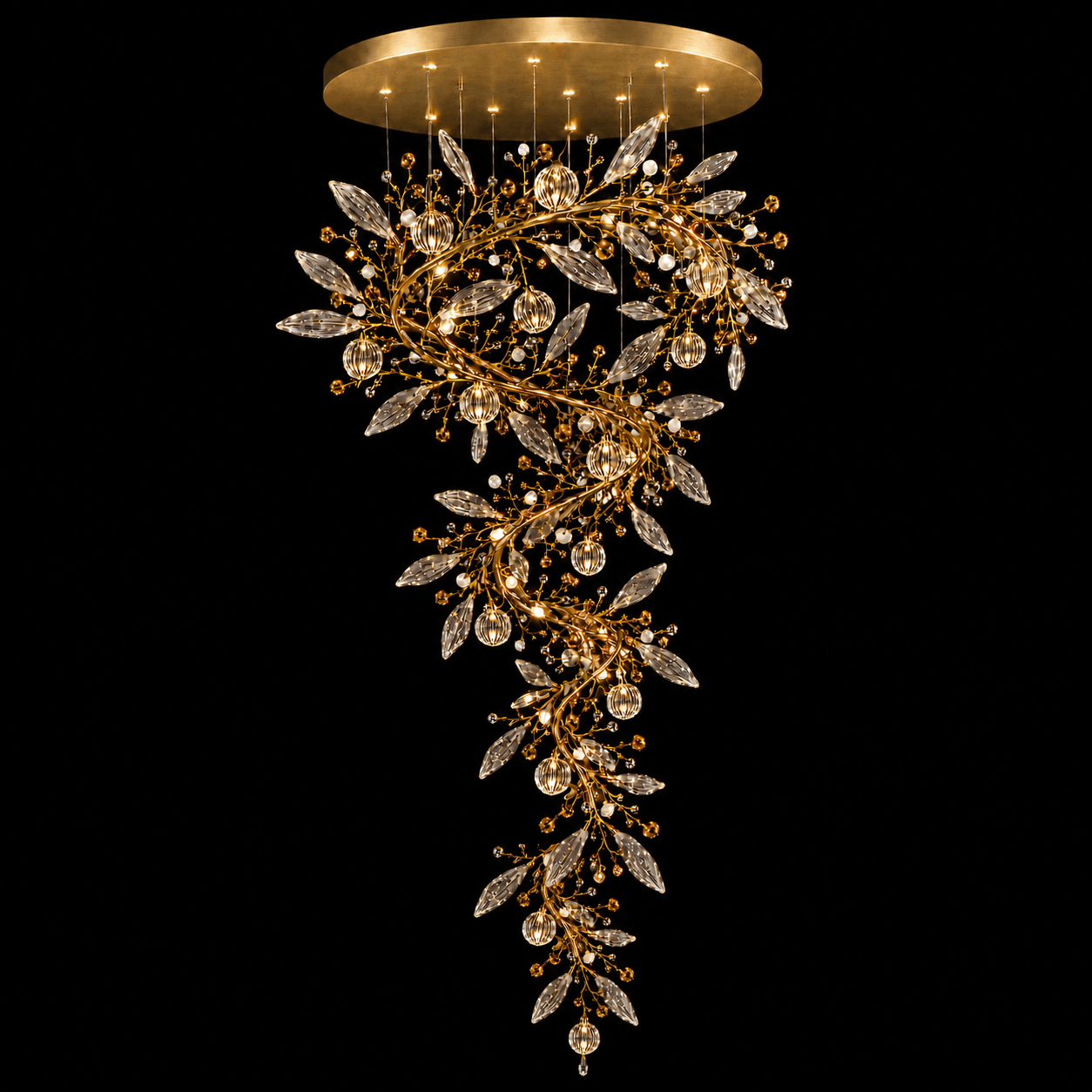 Crystal Vine Foyer Chandelier — Spiral Leaf & Globe Crystal Cascade 2 Crystal vine foyer chandelier on black background — satin gold helix branch, marquise cut-glass leaves and ribbed globe pendants lit with warm light