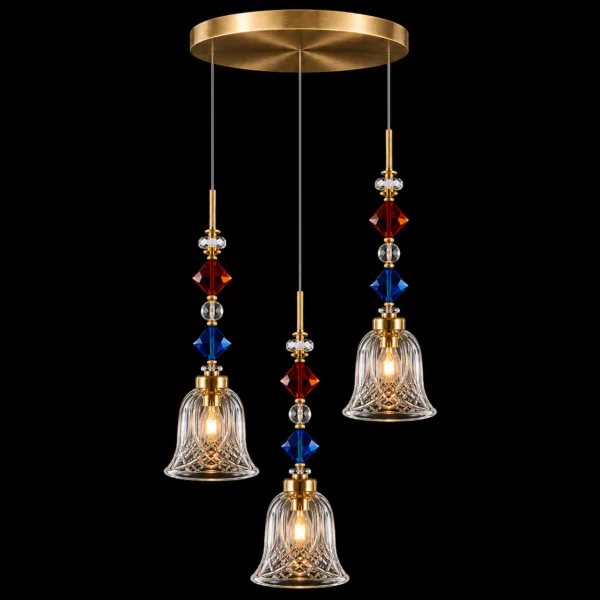 Bell cut light, front view on black: three hand-cut clear borosilicate glass bells lit, red and blue crystal beads, satin gold canopy
