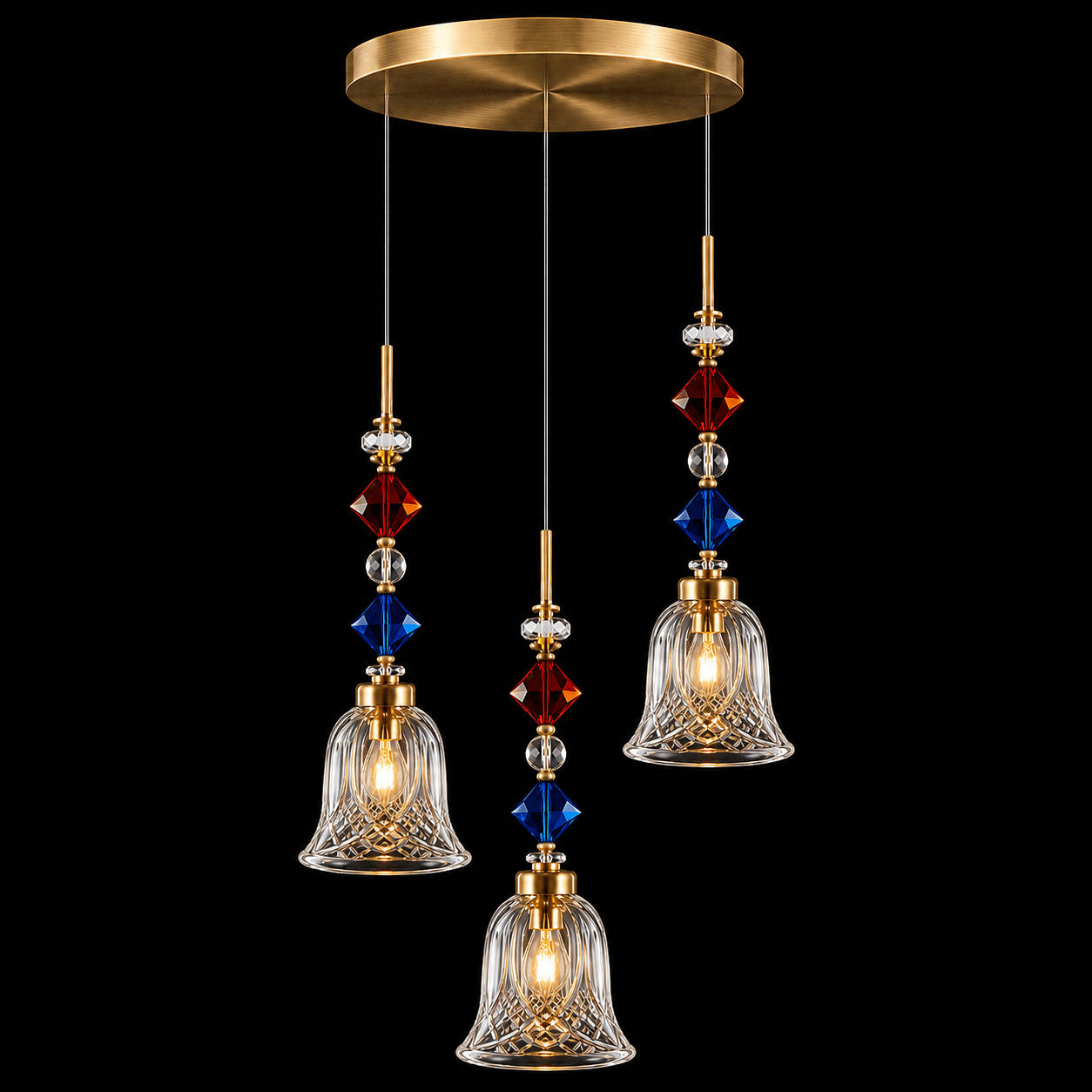 Crystal Bell Pendant Light – 3-Light Cluster with Coloured Crystal Beads | Jagmag Lights 2 Crystal bell pendant light cluster on black background — cut-glass bell shades with coloured bead strands