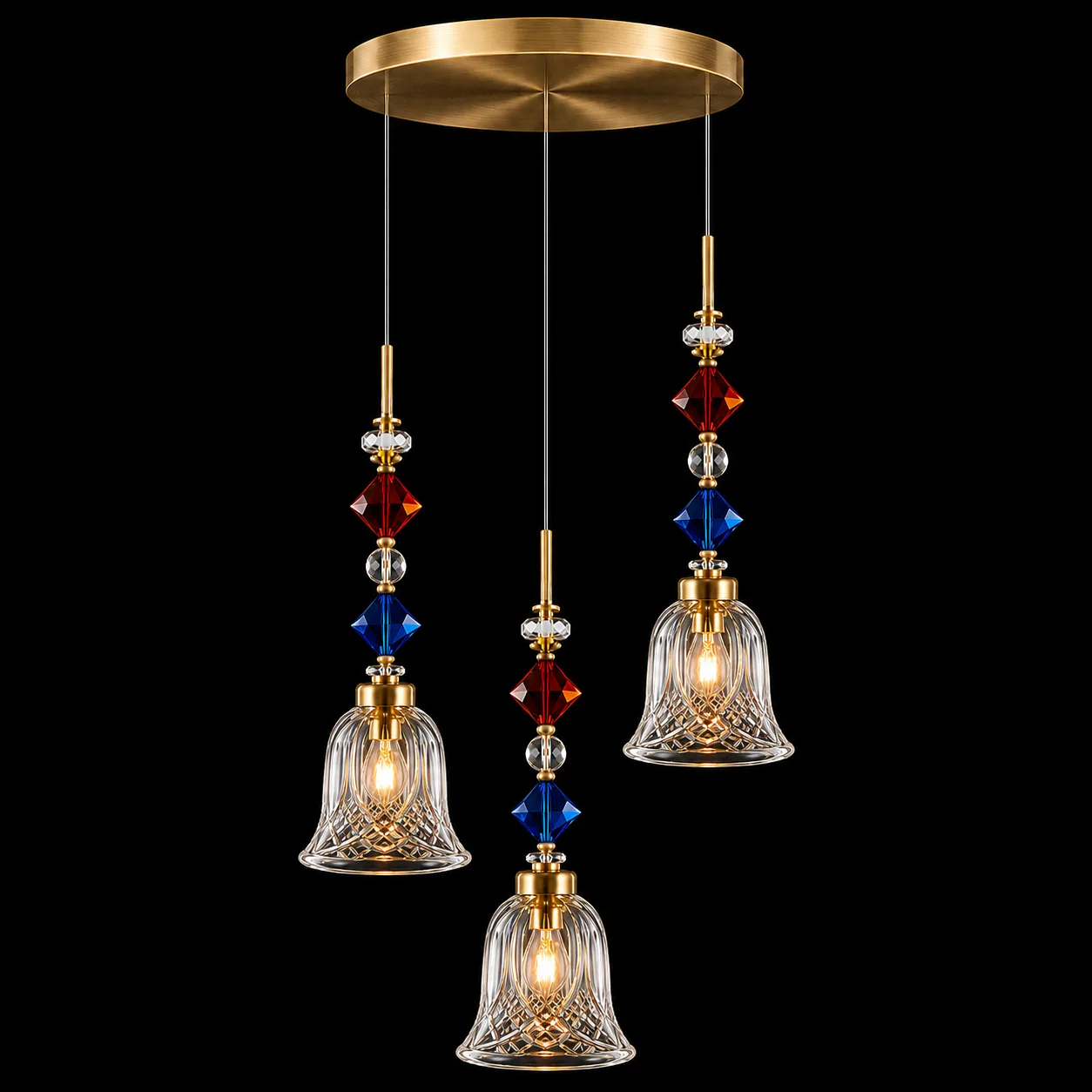 Crystal Bell Pendant Light – 3-Light Cluster with Coloured Crystal Beads | Jagmag Lights 2 Crystal bell pendant light cluster on black background — cut-glass bell shades with coloured bead strands