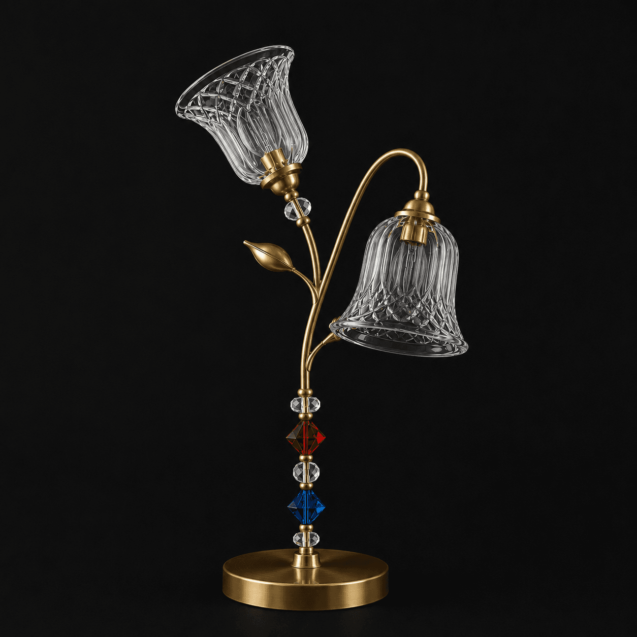 Double Glass Table Lamp – Twin Cut-Glass Bell Sconce with Crystal Bead Stem | Jagmag Lights 3 Double glass table lamp unlit on black background — diamond-lattice cut-glass bell shades and crystal bead stem detail