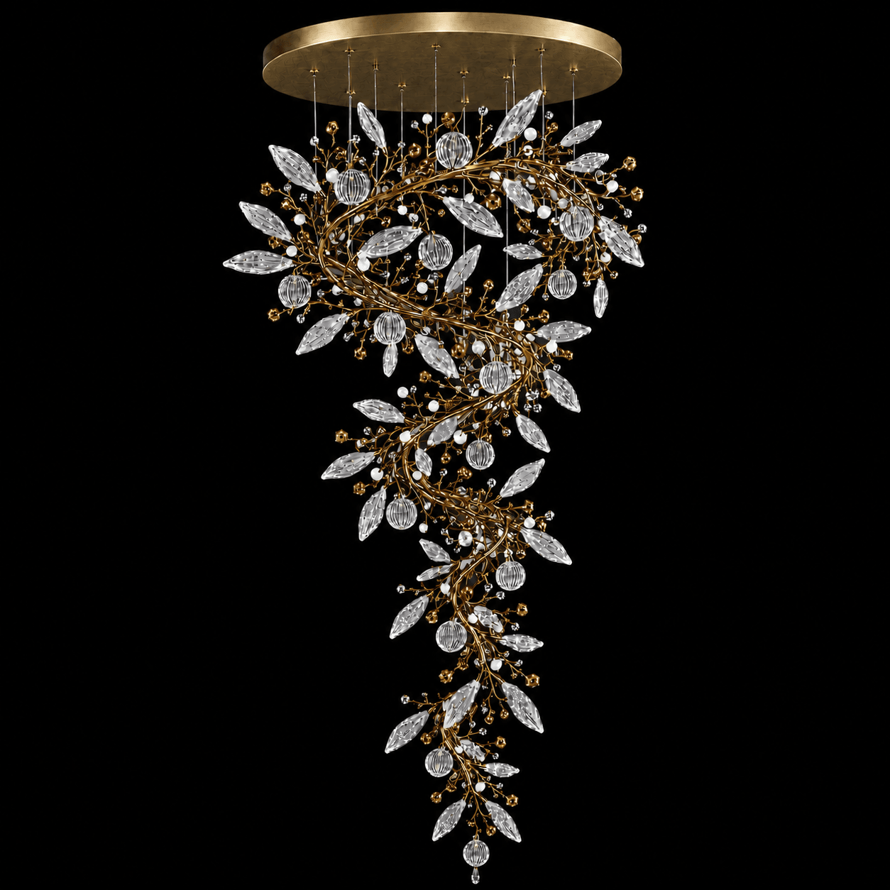 Crystal Vine Foyer Chandelier — Spiral Leaf & Globe Crystal Cascade 3 Crystal vine foyer chandelier on black background unlit — satin gold spiral branch structure with clear marquise crystal leaves and ribbed globe pendants