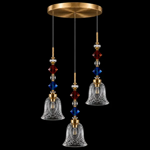 Bell cut light switched off on black: clear borosilicate glass bells with diamond-lattice cuts and red and blue crystal beads