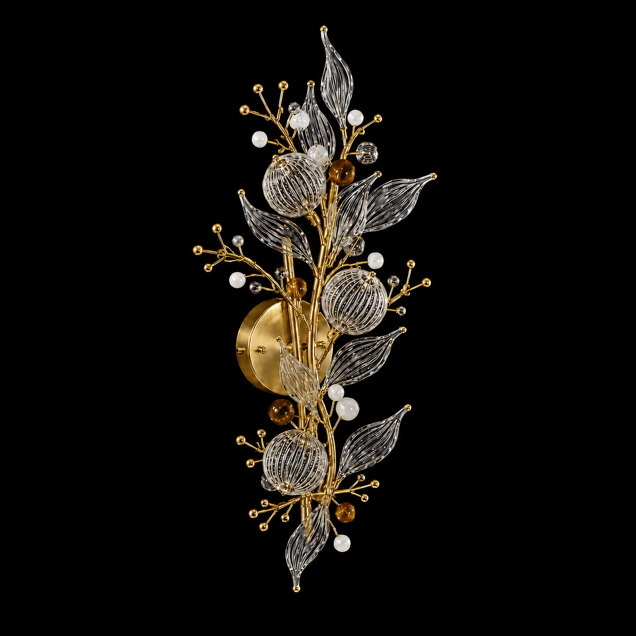 Crystal Botanical Wall Sconce — 3-Light Glass Globe & Leaf Bouquet 3 Crystal botanical wall sconce on black background unlit — gold branch structure with three ribbed clear glass globes, glass leaves, amber and opal beads, Ø150 mm back plate